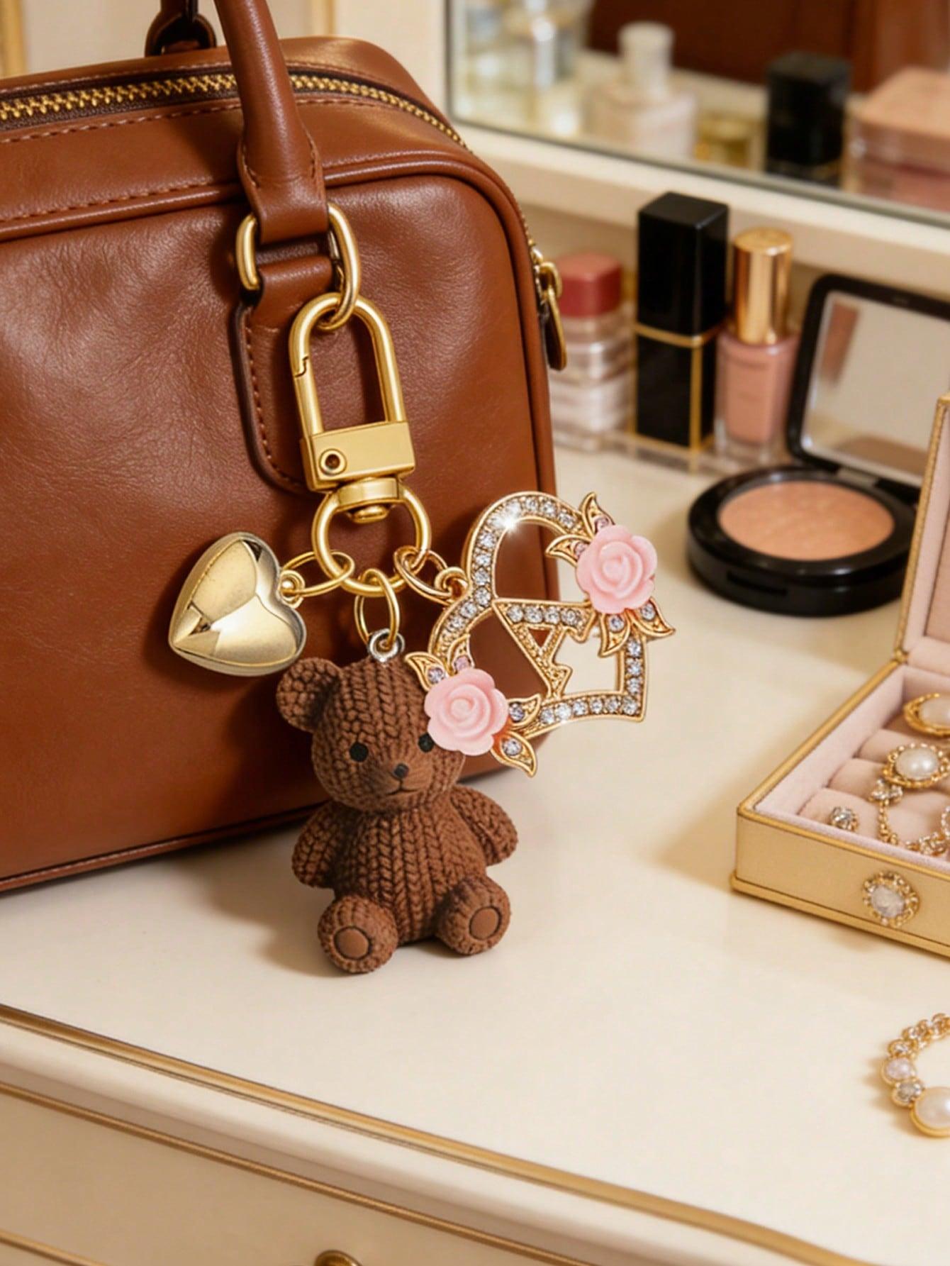 1 letter teddy bear keychain, hollow heart-shaped flower letter design, cute bear pendant charm suitable for handbags, wallets, backpacks, travel bags, Bag Charms, decorative keychain suitable for gym, classroom, games, Keychain Accessory