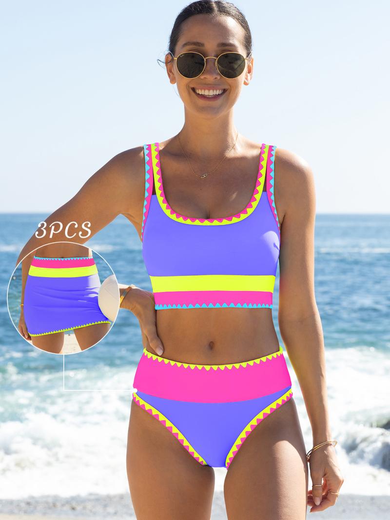 Popvil Patchwork Sporty 3 Piece Bikini Sets,Tummy Control & High Waisted Swimsuit with Wide Shoulder Straps