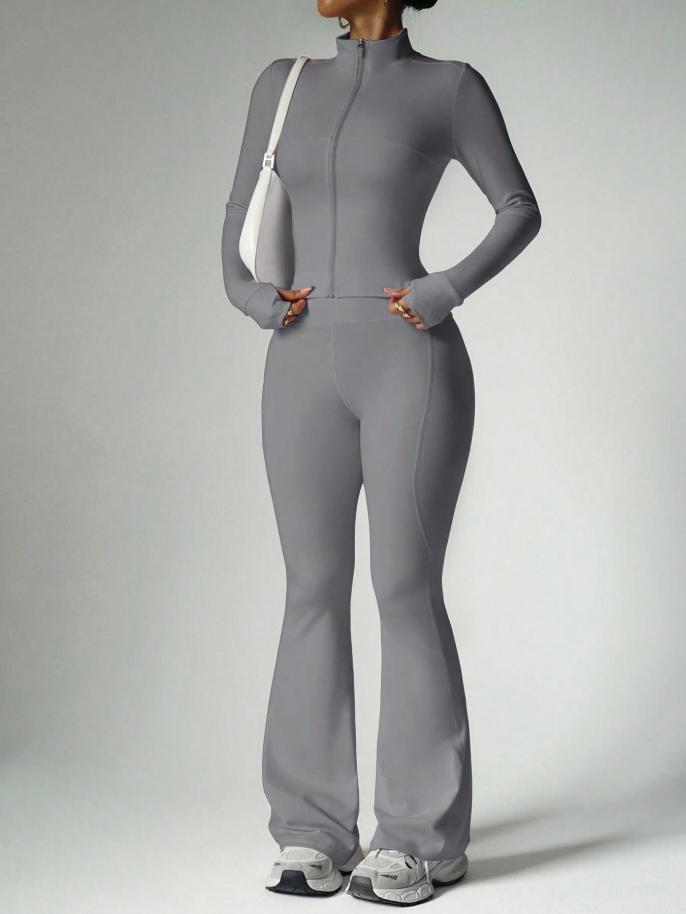 Women's 2-Piece Solid Color Set Long Sleeve Stand Collar Jacket with Thumb Holes, Breathable Yoga Athleisure Wear Set for Gym Outdoor Running Sweatsuit Set