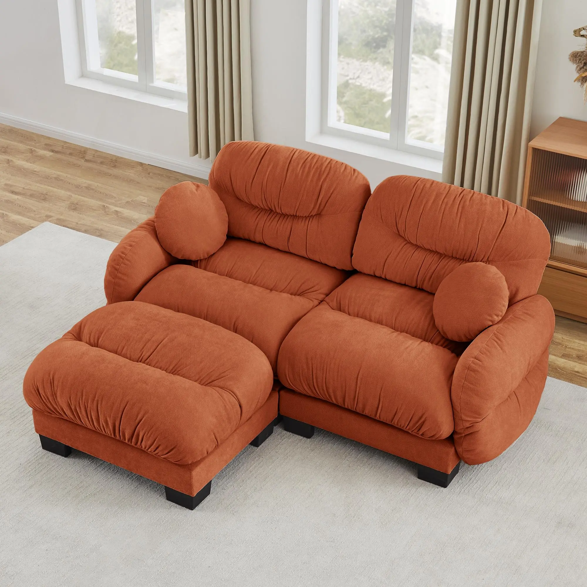 2-Seater Modular Chenille Sectional Sofa with Ottoman, L-Shape Couch with Curved Round Armrests and 2 Round Throw Pillows, Orange, for Living Room and Apartment