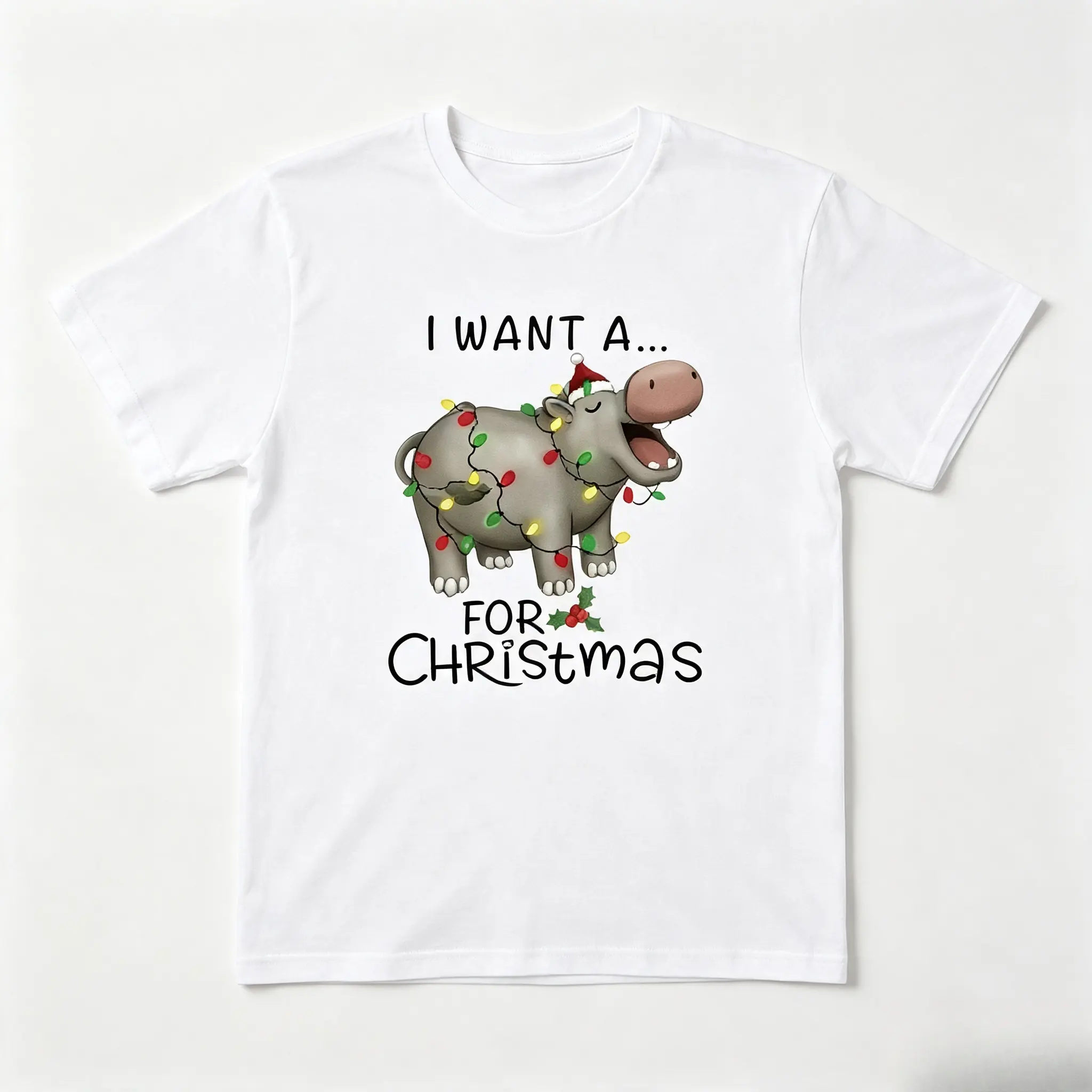I Want A Hippopotamus For Christmas Cute Hippo Christmas Lights Graphic Cotton T-Shirt, Oversized Comfort Fashion Outfit, Cute Xmas Animal Casual Top, Perfect Valentine's Day & Christmas Holiday Gift for Lovers, Family and Friends For Him Her