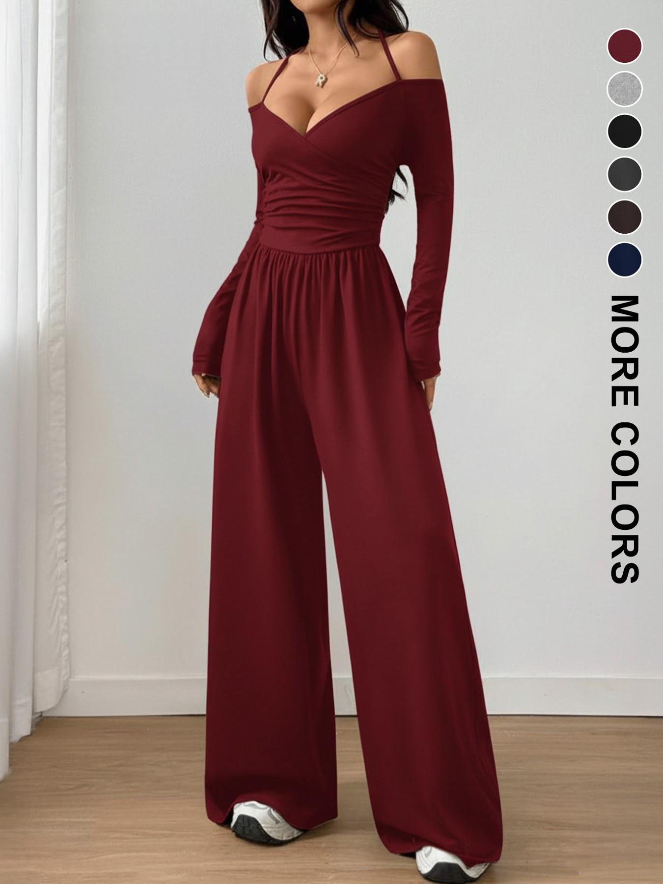 Women's Spring Summer Plain Knit Fashion Design Off-Shoulder Pleated Wide Leg Jumpsuit, Casual Daily Commute Pants, Slim-Fitting