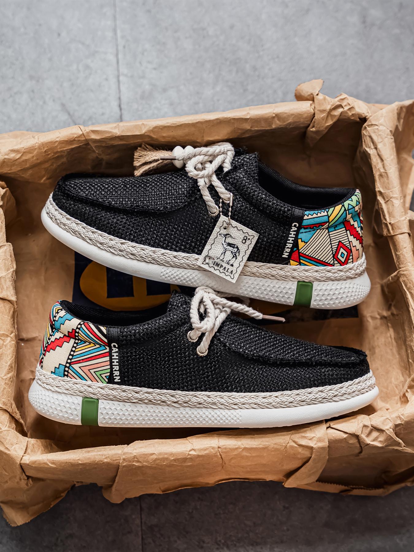 Summer New Men's Linen Shoes, Breathable Non-Stuffy, Colorblock Geometric Pattern, Fringe Decor, Retro Ethnic Style, Comfortable Thick Sole