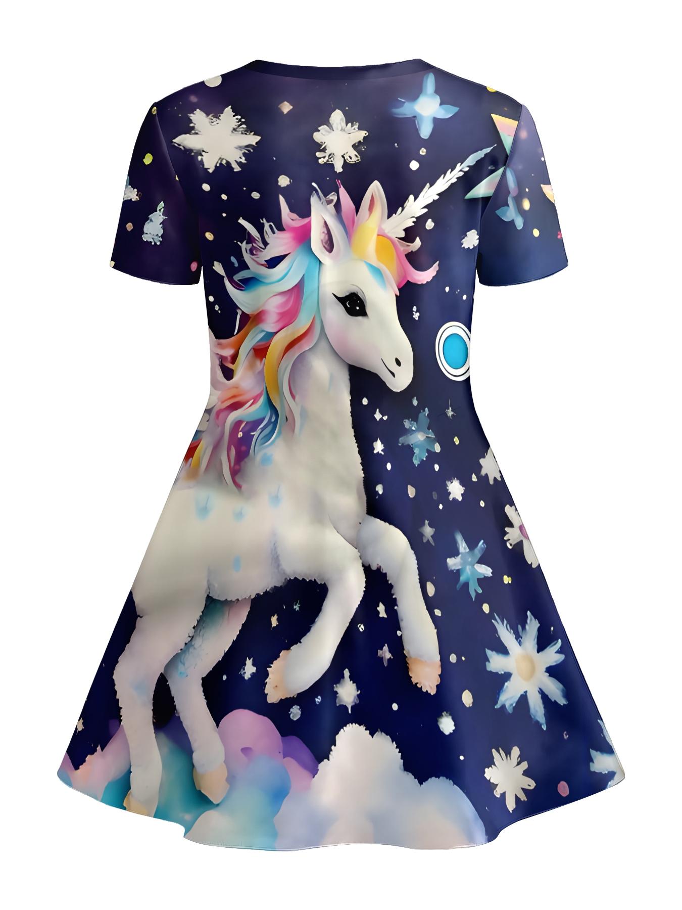 Girls Summer Starry Sky Unicorn Print Dress, Kids Dreamy Snowflake Crew Neck Short Sleeve A-Line Dress