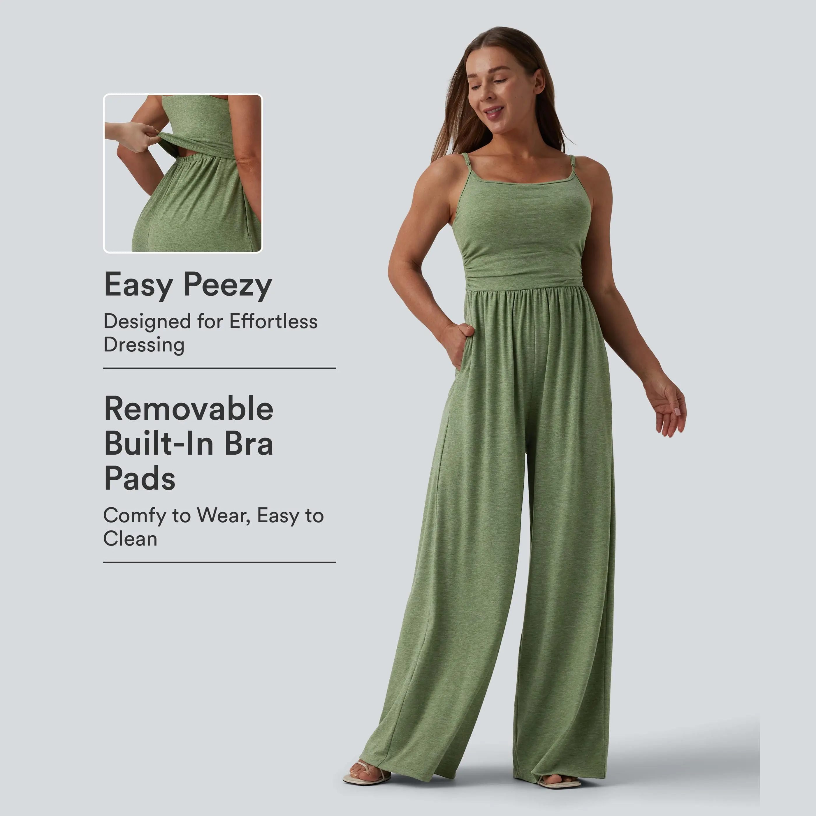 Halara Adjustable Straps Ruched Wide Leg Heathered Casual Jumpsuit with Pockets-Easy Peezy