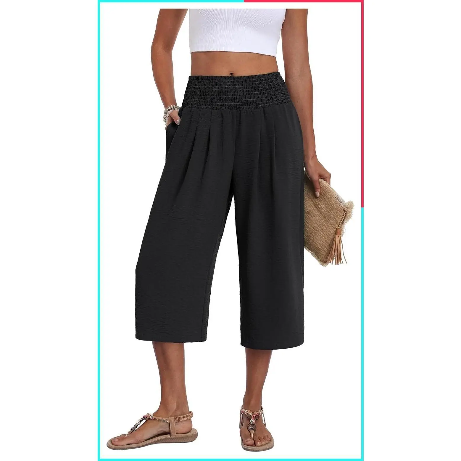 Women's High Waisted Wide Leg Capri Pants with Pockets Tummy Control Summer Beach Casual Lounge Trousers