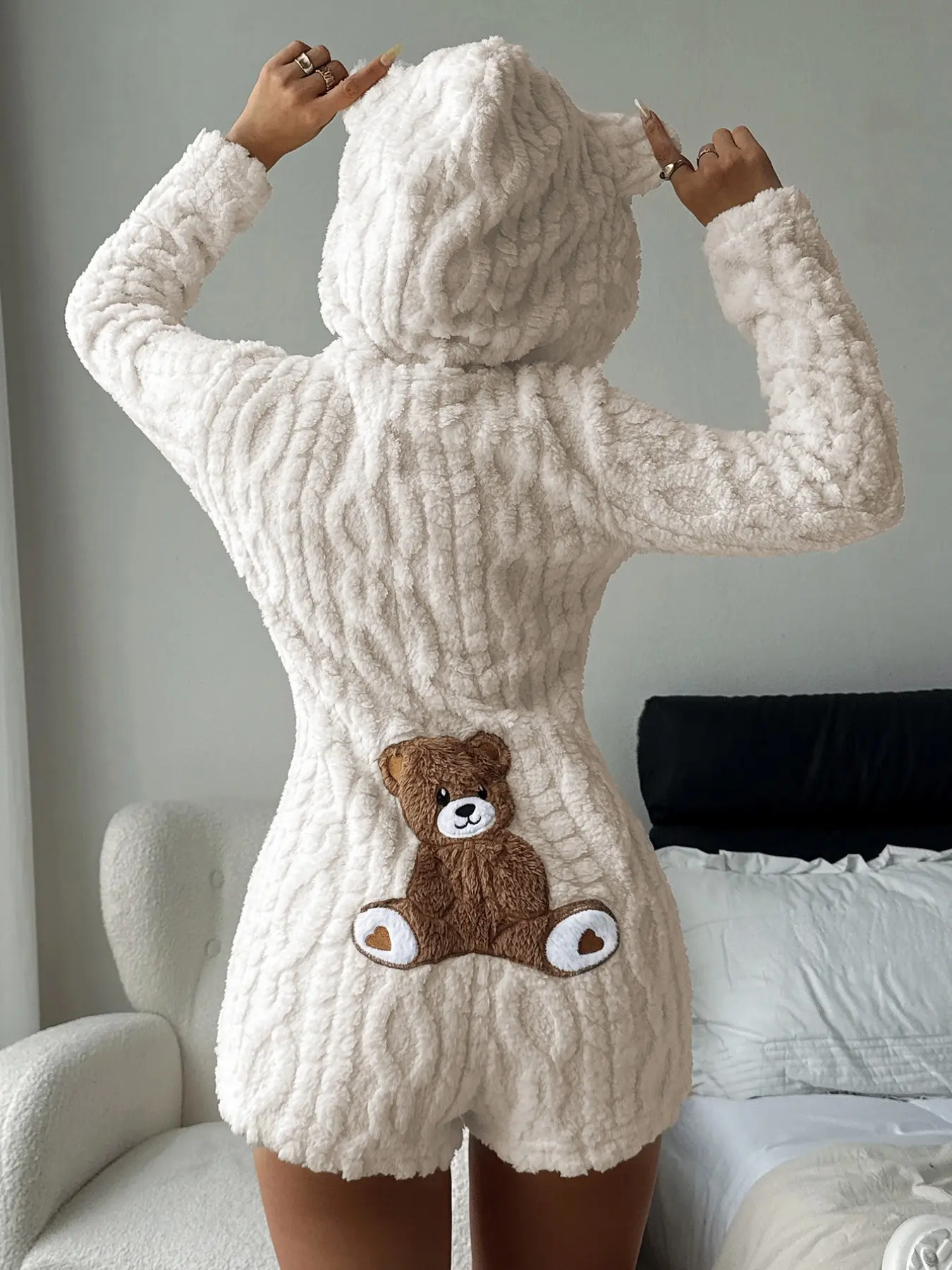 Women's Cute Teddy Bear Embroidered Hooded Fleece Sweatshirt, Comfortable Fashion Design, Casual, Perfect Gift for Her, Daily Wear