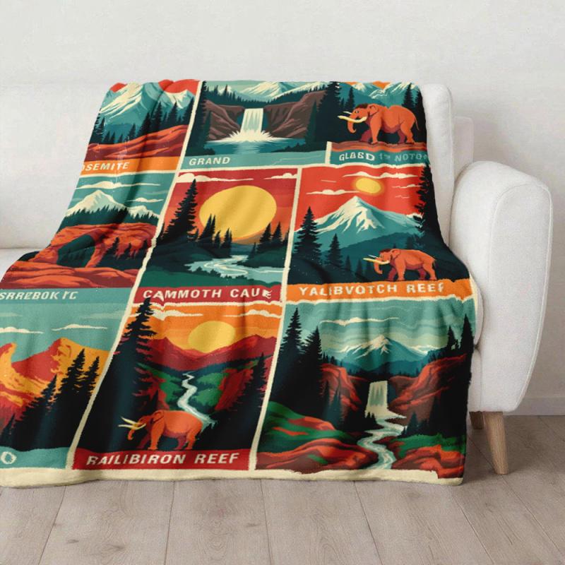 Vintage National Park Blanket Mammoth Cave Yosemite Grand Canyon Glacier Mountains Landscape Nature Print Cozy Throw for Outdoor Camping Hiking Adventure Lovers Perfect Christmas Thanksgiving Birthday Gift for Nature Enthusiasts and Travel Fans