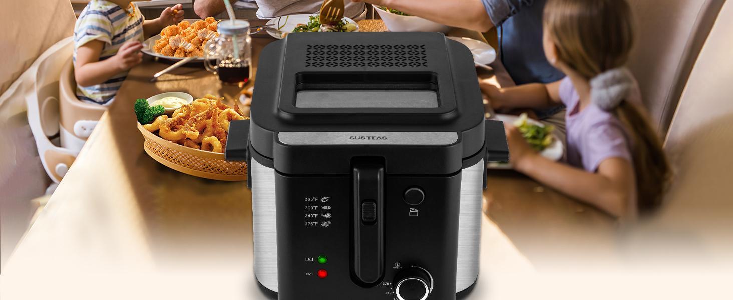 SUSTEAS Kitchen Appliances – 1500W Deep Fryer with Basket, 1.5QT/2.6QT Non-Stick Pot,  Removable Lid – Easy-Clean Electric Cooker