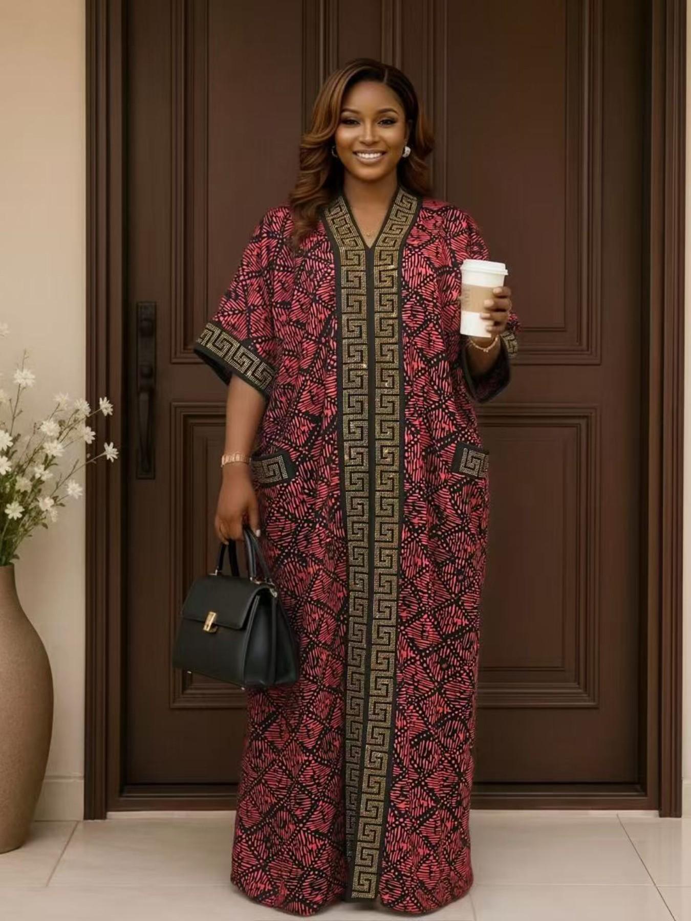 Hot selling plus size loose ethnic women's boubou kaftan high-end hot stamping printing V-neck short sleeved summer casual daily slimming retro party dress
