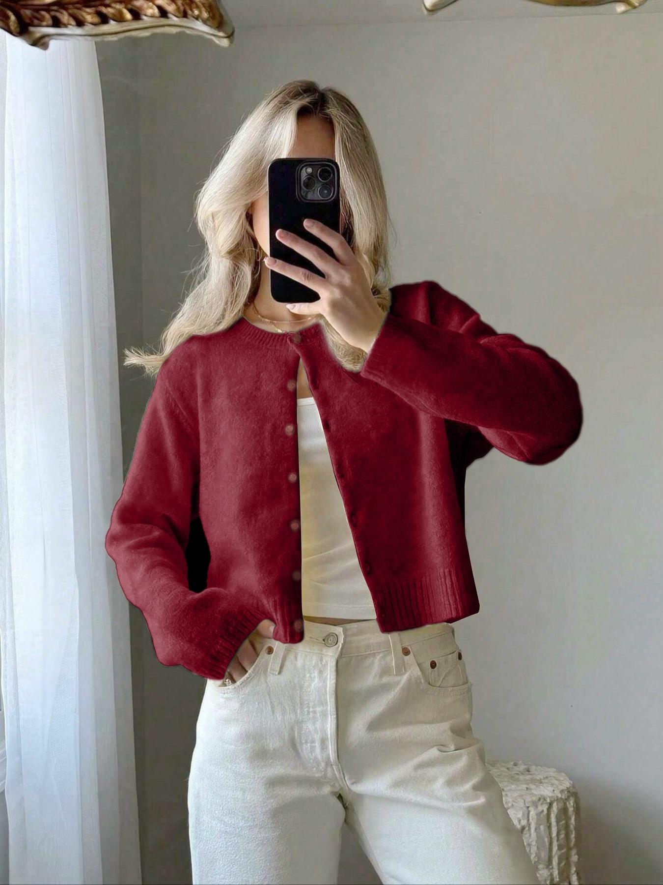 Women's Solid Color Button Front Cardigan, Casual Long Sleeve Knitwear for Spring & Fall, Fashion Women's Knit Clothing for Daily Wear