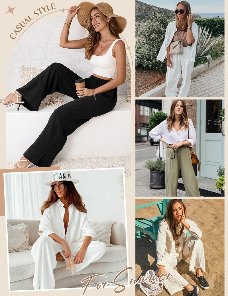 UMIPUBO Shop Womens Linen Pants Casual Wide Leg Pants Summer Palazzo Pants Loose Flowy Beach Pants Drawstring Elastic Trousers Womenswear Womenswear