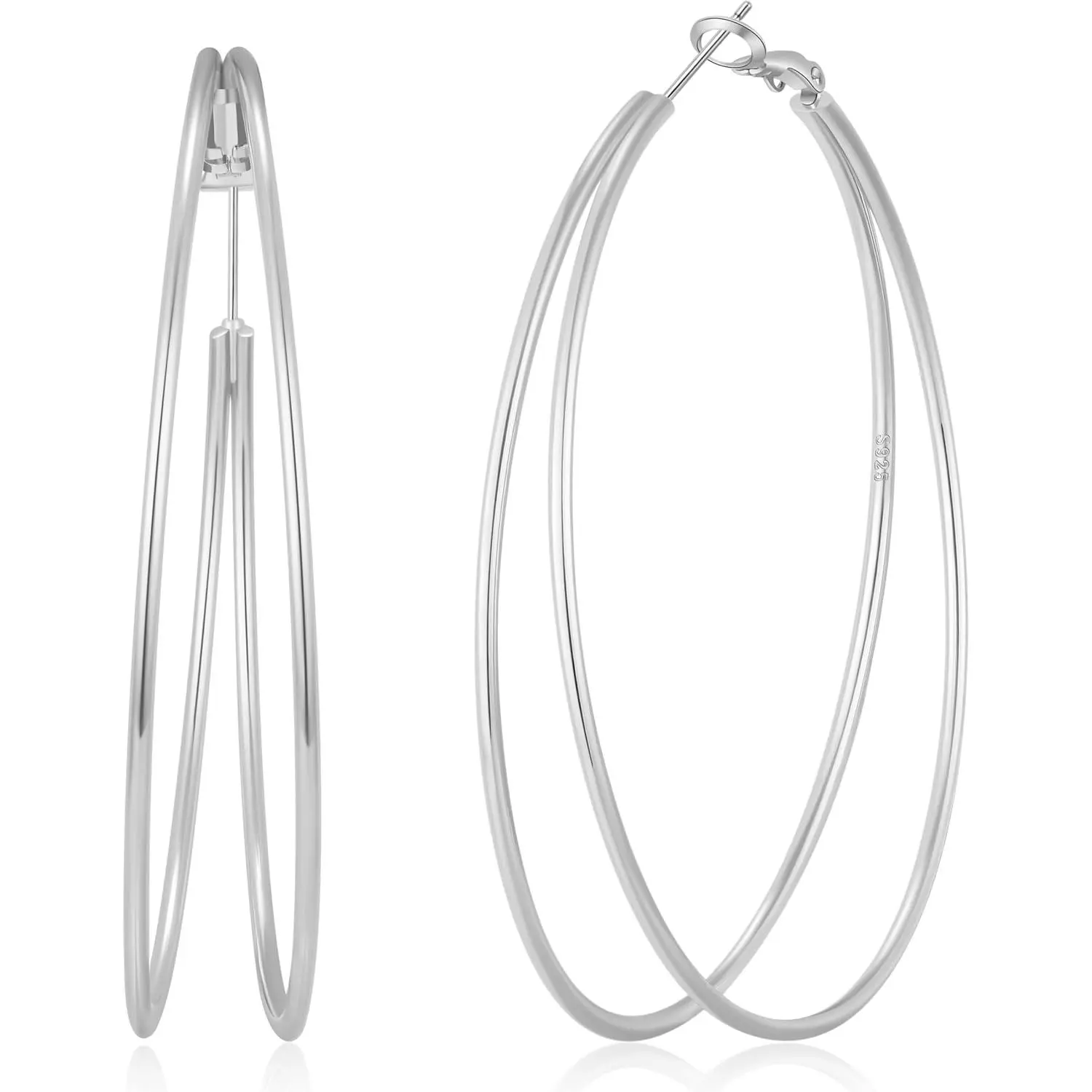 Large Thin Double Hoop Earrings for Women Lightweight Hypoallergenic 925 Sterling Silver Post 14K Gold Hoops Non Tarnish Sturdy Big Thin Double Layered Hoop Earrings 30/40/50/60mm