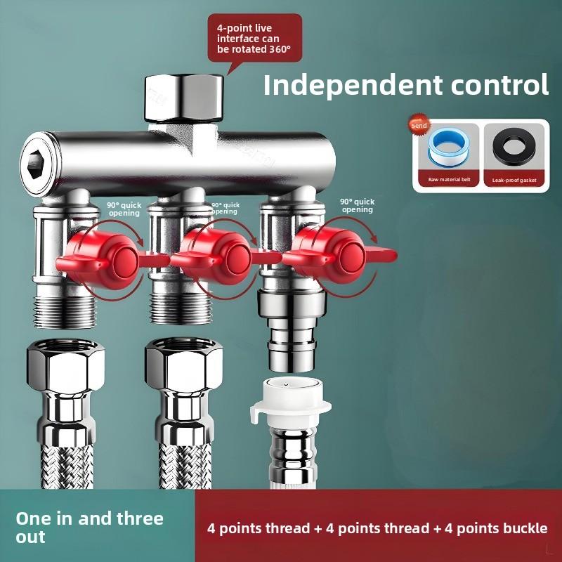 No need to disassemble the original faucet. Washing machine faucet splitter, one inlet three outlets with switch, 6-point quick-install buckle water diverter valve