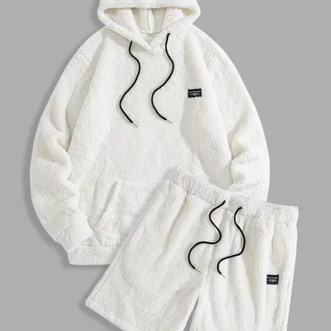 Men's Thermal Long Sleeve Hoodie & Drawstring Waist Short Set, Casual, Cozy and Breathable Two-Piece Outfits for Daily Outdoor Wear, Men's Clothing for Spring & Fall, Sweatsuit Sets