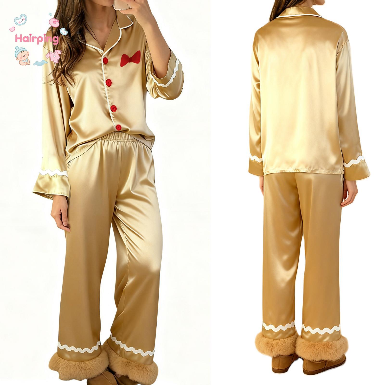 Mommy and Me Matching 2-Piece Satin Pajama Set, Polyester Clothes with Long Sleeves, Button-Down Lapel Tops & Pants, Gingerbread Man Christmas Family Gift Set for Baby & Maternity, Matching Set