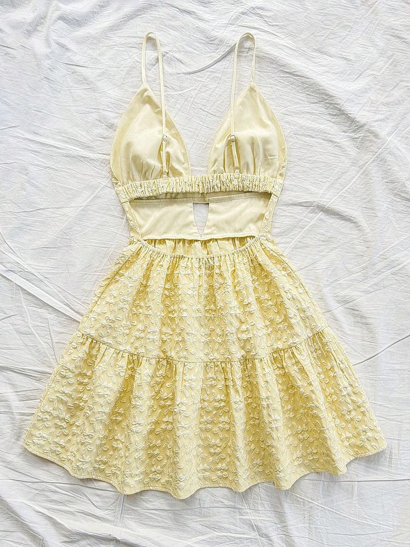 This  Floral Textured Dress is Summer Vacation Vibes Deep V Cutout Tiered Mini Dress Valentine's Day