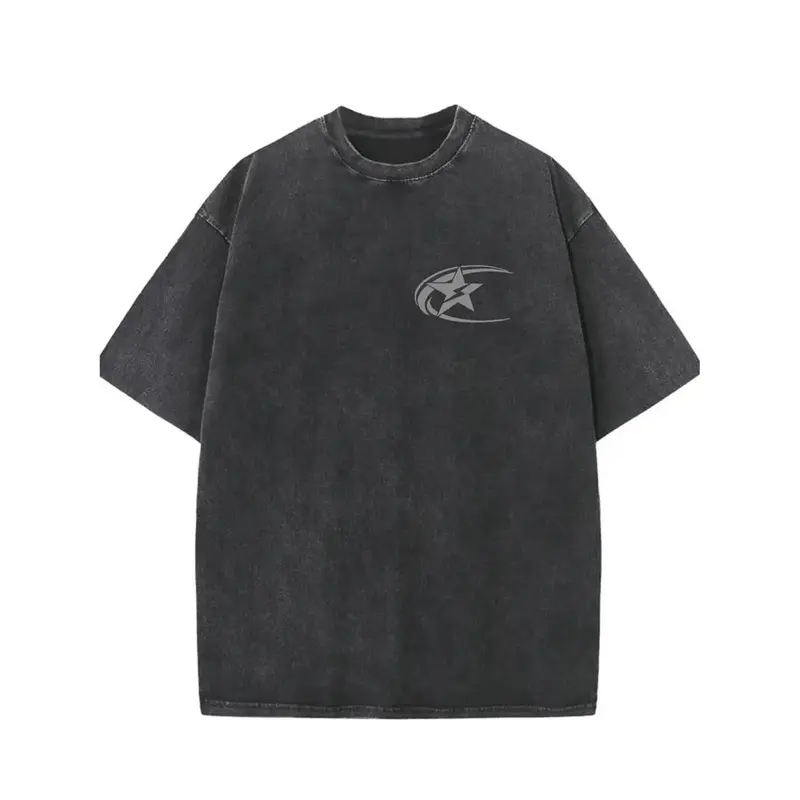 1pc Men's Vintage Washed Cotton T-Shirt- 230g Street Style Regular Fit Crew Neck Star Print Top, All-Season Casual Shirt, Machine Washable Holiday Gift, Soft Texture Short Sleeve