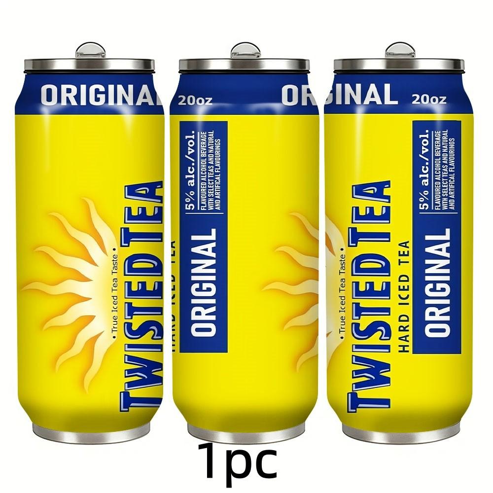 1pc Twisted Tea 17oz Portable Cup, Leak-Proof, Rust-Resistant, with Lid and Straw, Suitable for Hot and Cold Drinks, Ideal for Camping and Outdoor Use