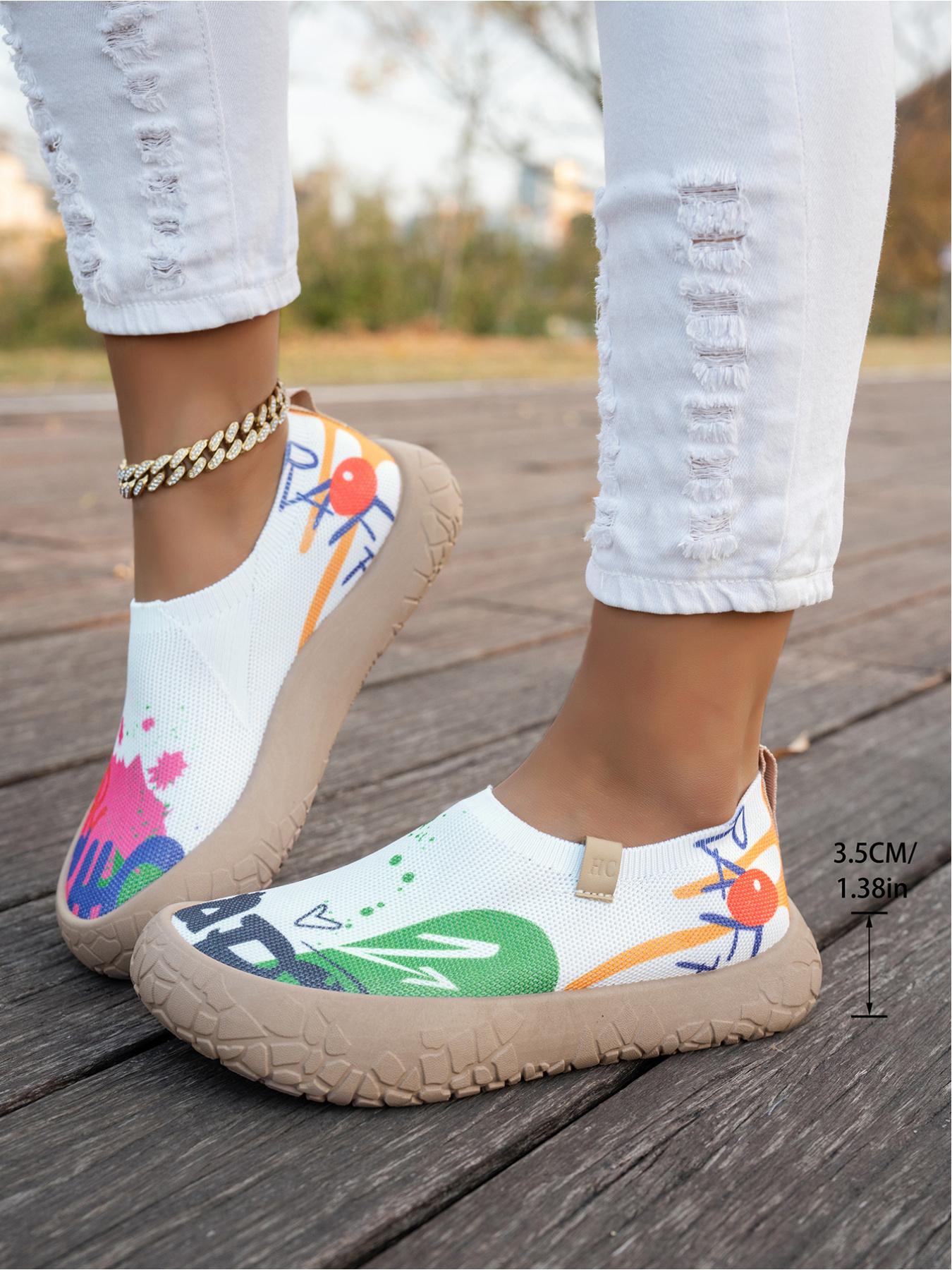 Women's Colorful Graffiti Slip-On Sneakers, Breathable Knit Mesh Comfortable Walking Shoes, Lightweight Non-Slip Soft Sole Casual Loafers for Outdoor, Work, Travel and All-Day Wear