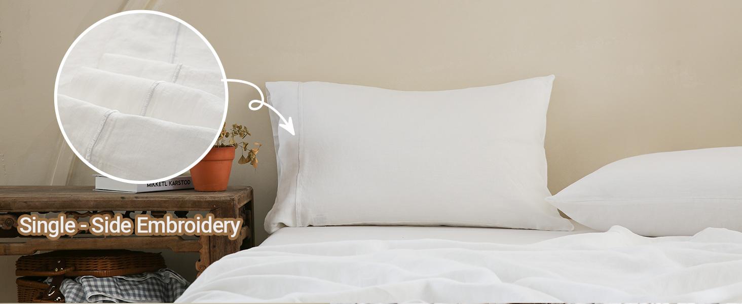 Simple&Opulence 100% French Linen Pillowcase-Set of 2- Washed Solid Color Pillow Cases Embroidered -Soft and Durable, gift