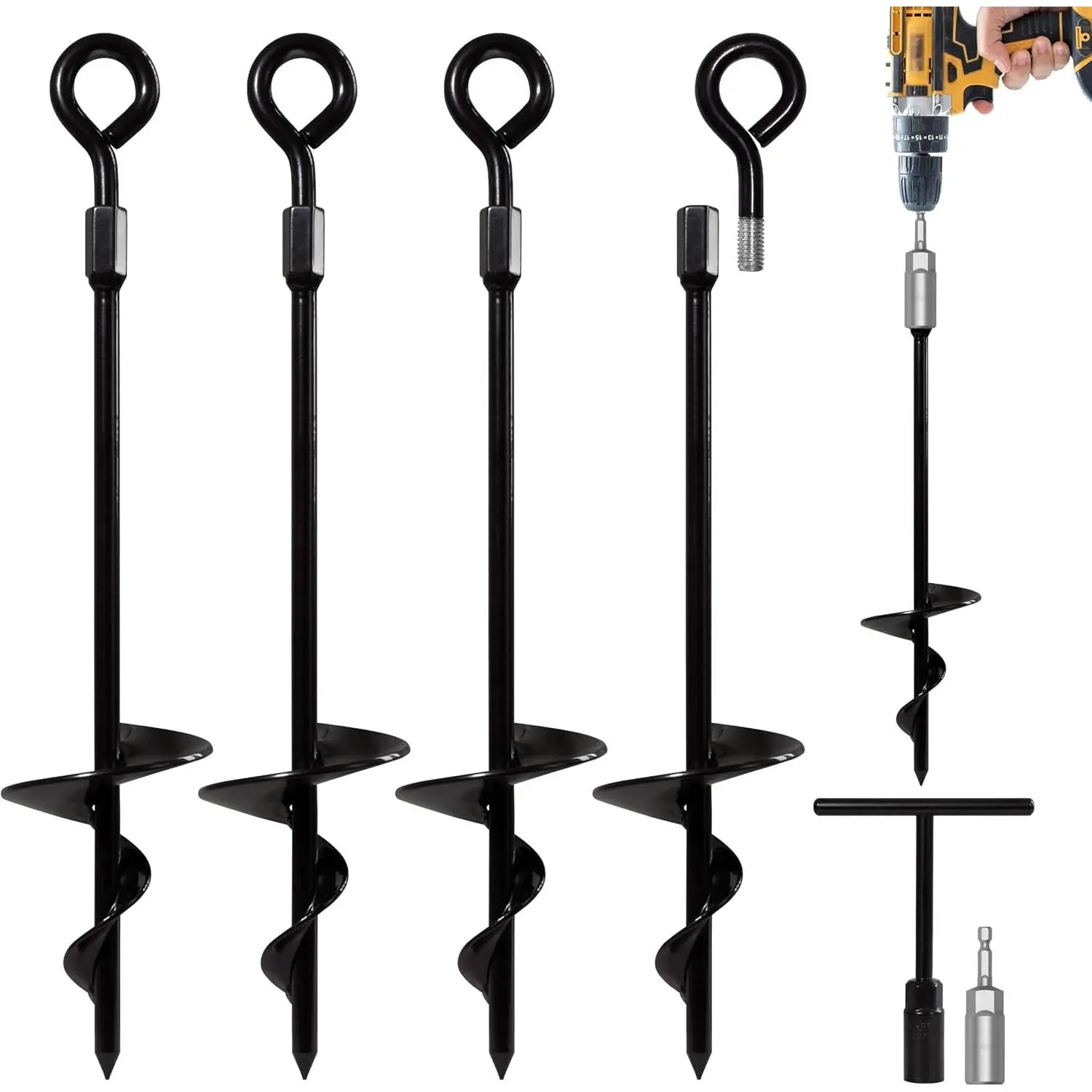 15" Ground Anchors (4pcs) Easy to Use with Drill, Heavy Duty Anchor Hook for Camping Tent, Canopies, Car Ports, Sheds, Swing Sets, Securing Animals – Black Powder Coated (Black)