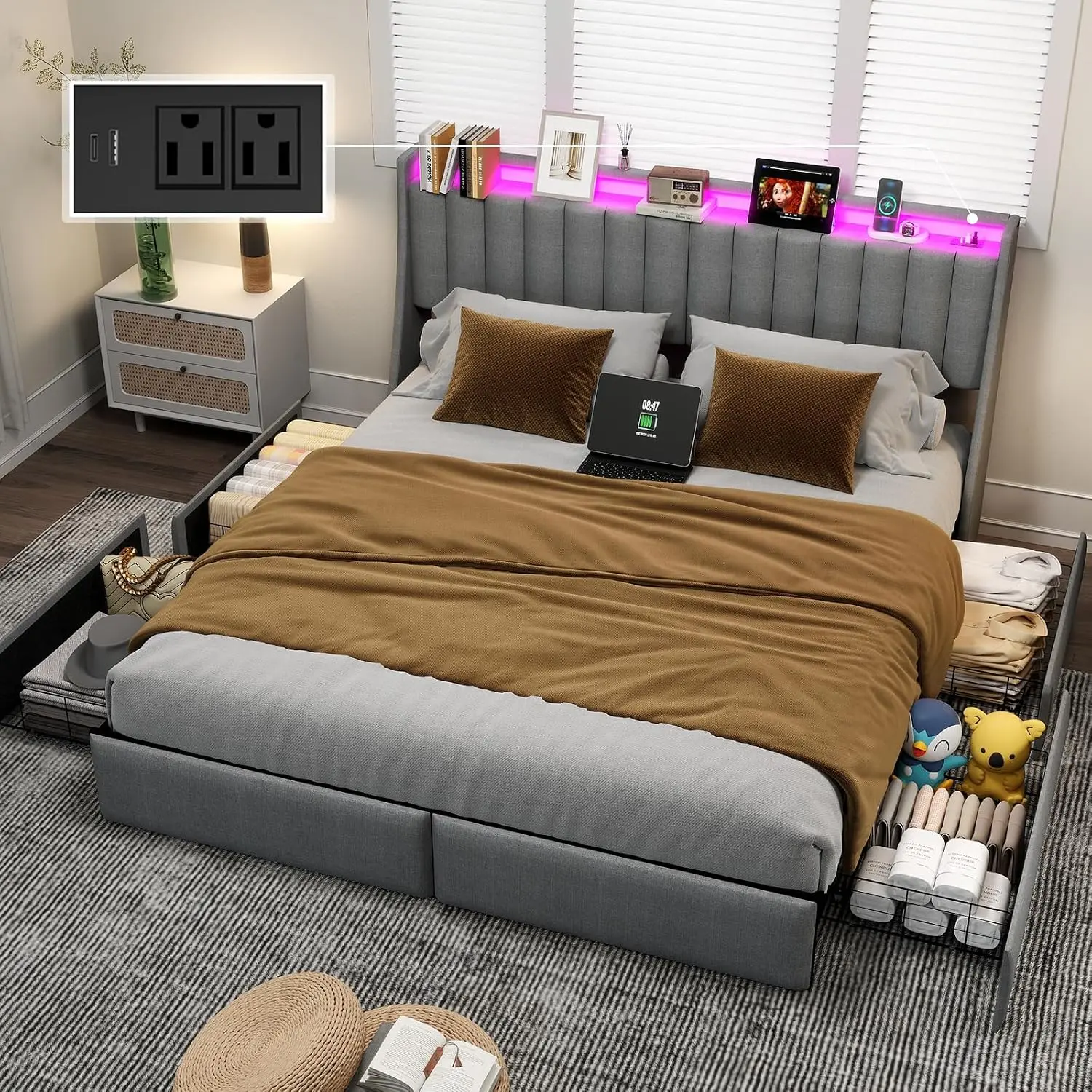 Gray Queen Size Upholstered Wingback Platform Bed Frame - LED Lights, Charging Station, 4 Storage Drawers in Headboard, Metal Slat Support, Noise-Free, No Box Spring Needed, Easy Assembly, Queen Size Bed Frame