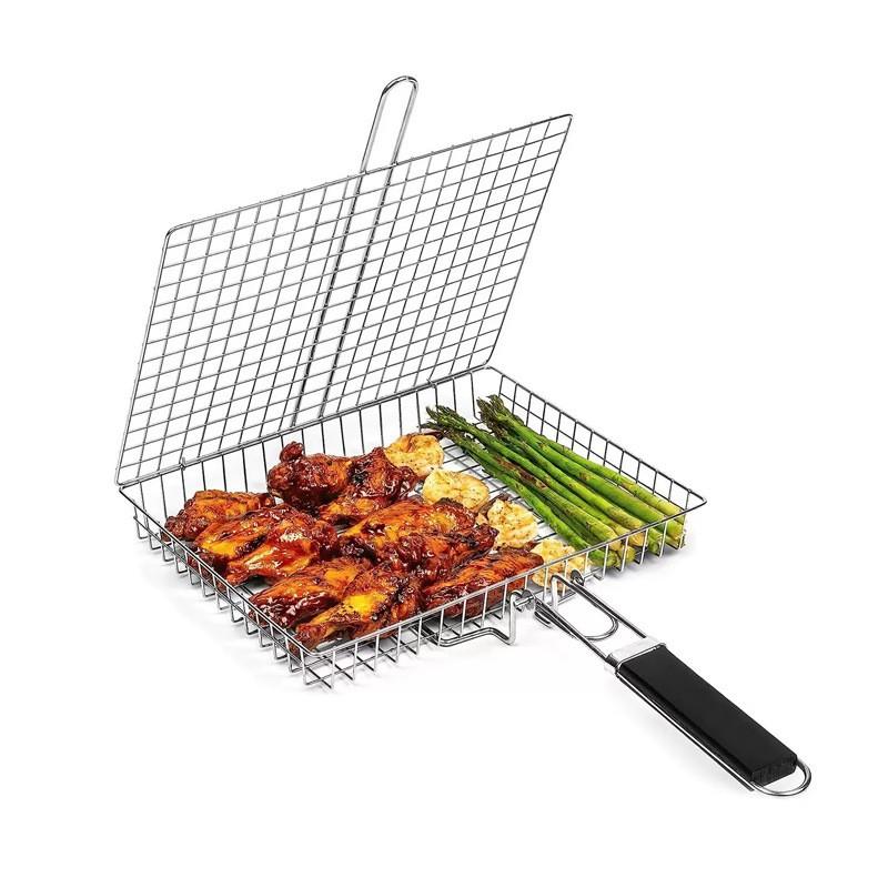 BBQ Stainless Steel Folding Handle Grill Tongue, Outdoor Multi-Functional Grill Net, Fish Meat Vegetable Rack, BBQ Tools