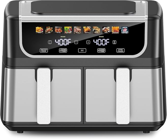 9.5L Large Capacity Double Basket Air Fryer with Independent Dual Zone Temperature Control, 10 One-Touch Preset Cooking Modes, Sync Finish and Match Cook Functions, Stainless Steel Non-Stick Baskets