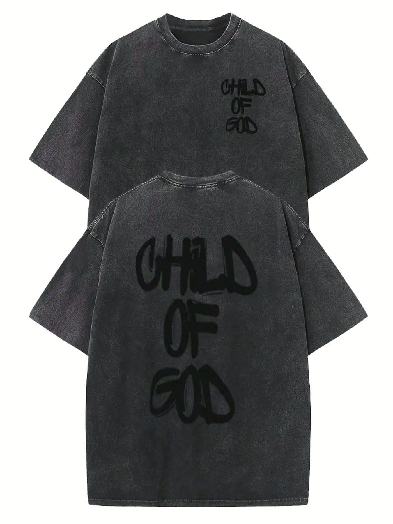 Vintage Washed Loose T-Shirt, Distressed 'child of God' Letter Print, Y2K Street Style, Harajuku Punk Summer Unisex T-Shirt
