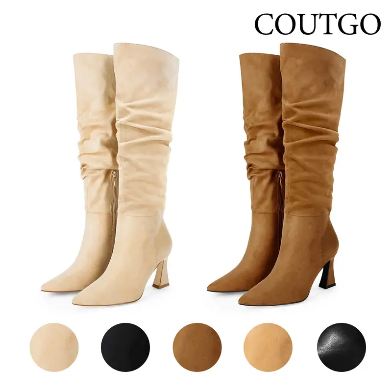 Coutgo Women's Slouchy Knee High Boots Wide Calf Pointed Toe Side Zipper Chunky Heel Long Boots Winter Shoes
