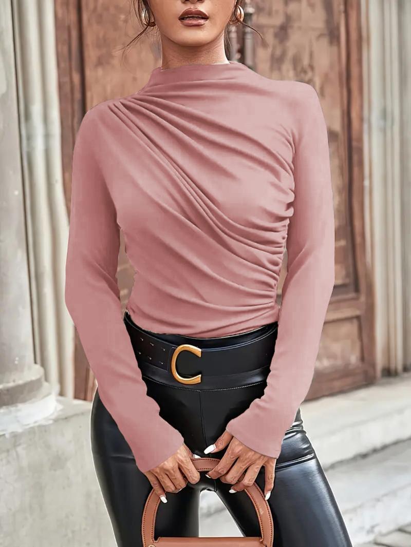 Women's Plain Ruched Mock Neck Tee, Casual Long Sleeve T-Shirt for Daily Wear, Ladies Clothes for All Seasons