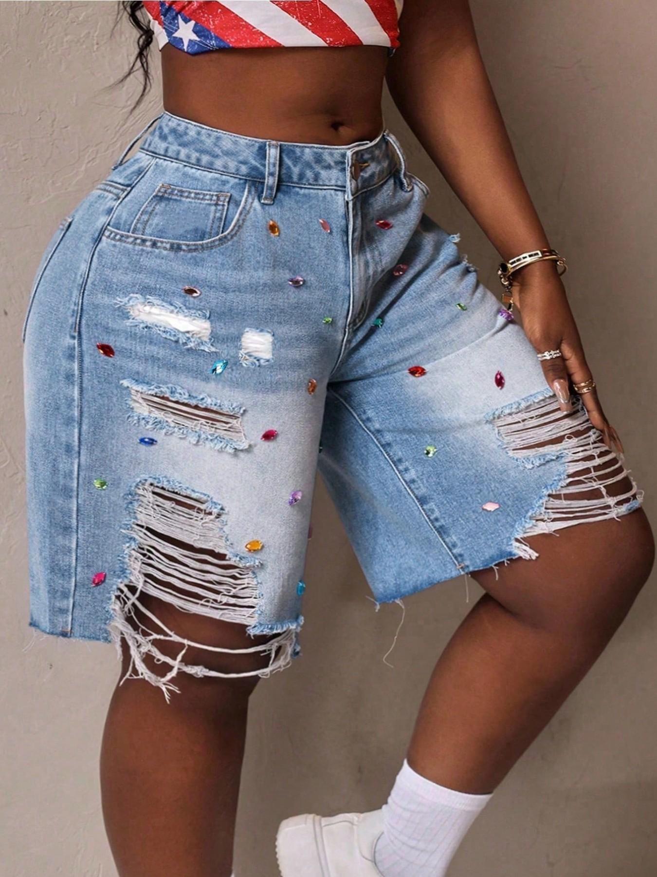 Women's Plus Size Denim Mid-Thigh Pants, Spring Summer Fashion Ripped Design, Loose-Fitting Casual Wear, Trendy New