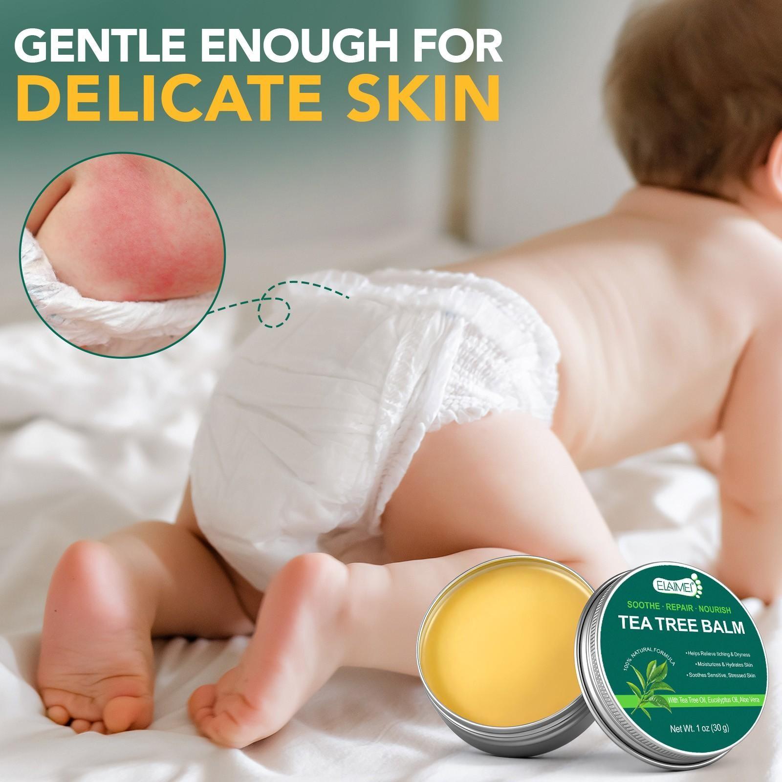 ELAIMEI Multi-Purpose Tea Tree Oil Balm, suitable for sensitive skin, soothes skin issues caused by dryness, provides rapid relief, moisturizes dry skin, and offers long-lasting hydration