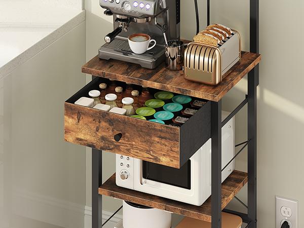 Mahancris, Bakers Rack with Drawer, Charging station and Hooks, Coffee Bar Corner, 4-Tier shelves Storage for Kitchen, Dining Room, Rustic Brown and Black
