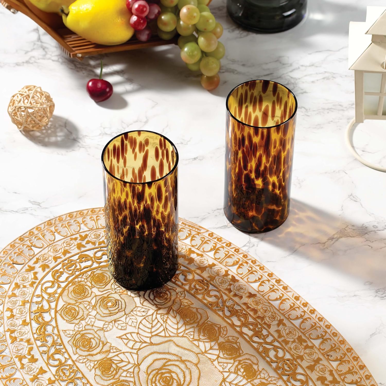 Collection Tortoise Shell Highball Glass Set of 4 – 14.54 oz Borosilicate Cocktail & Water Glasses – Durable, Lead-Free, Dishwasher Safe – Elegant Gift Packaging