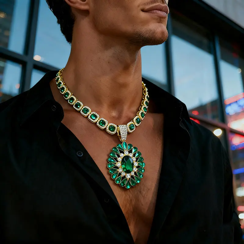 Unisex Heavyweight Iced Out Sunflower Pendant Cuban Necklace - Full Pave Rhinestone Luxury Rap Statement Chain, Anti-Fading Party-Ready Stylish Gift