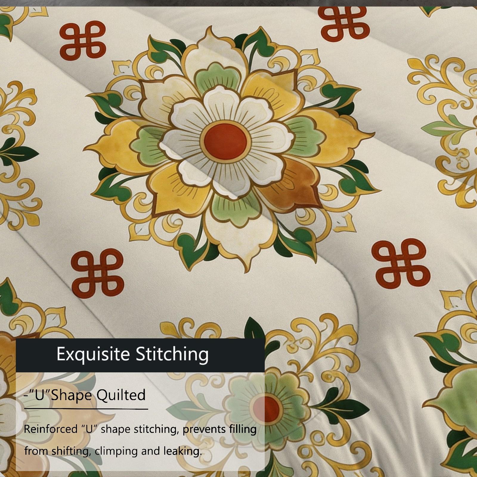 2/3 Piece Vintage Floral Mandala Comforter Set, HD Digital Printed Quilt, Soft Plush Bedding Set (Pillowcases No Inserts), U-Stitched All-Season Bed Comforter for Bedroom