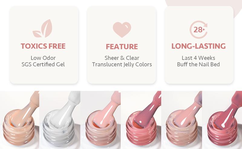 GAOY UV Gel Nail Polish Set Milky White x Jelly Nude, 6 Transparent Colors Sheer Pink Orange Gel Nail Kit for Salon Gel Manicure and Nail Art DIY at Home