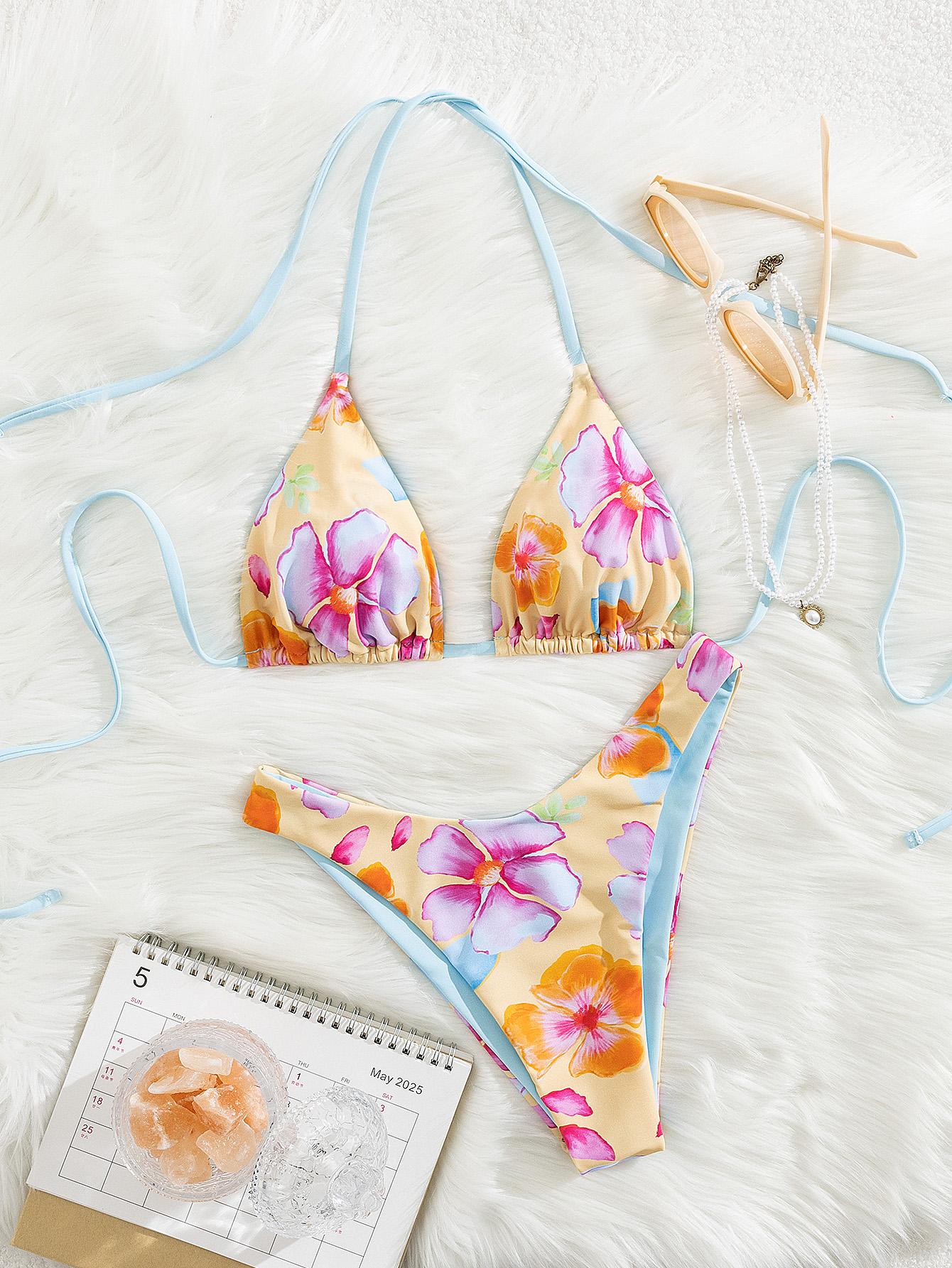 2026 spring and summer new women's tropical floral printed bikini multi-colour set, triangle halter neck top and bikini bottoms, suitable for women's summer beach pool swimming, vacation pool party fashion swimsuit