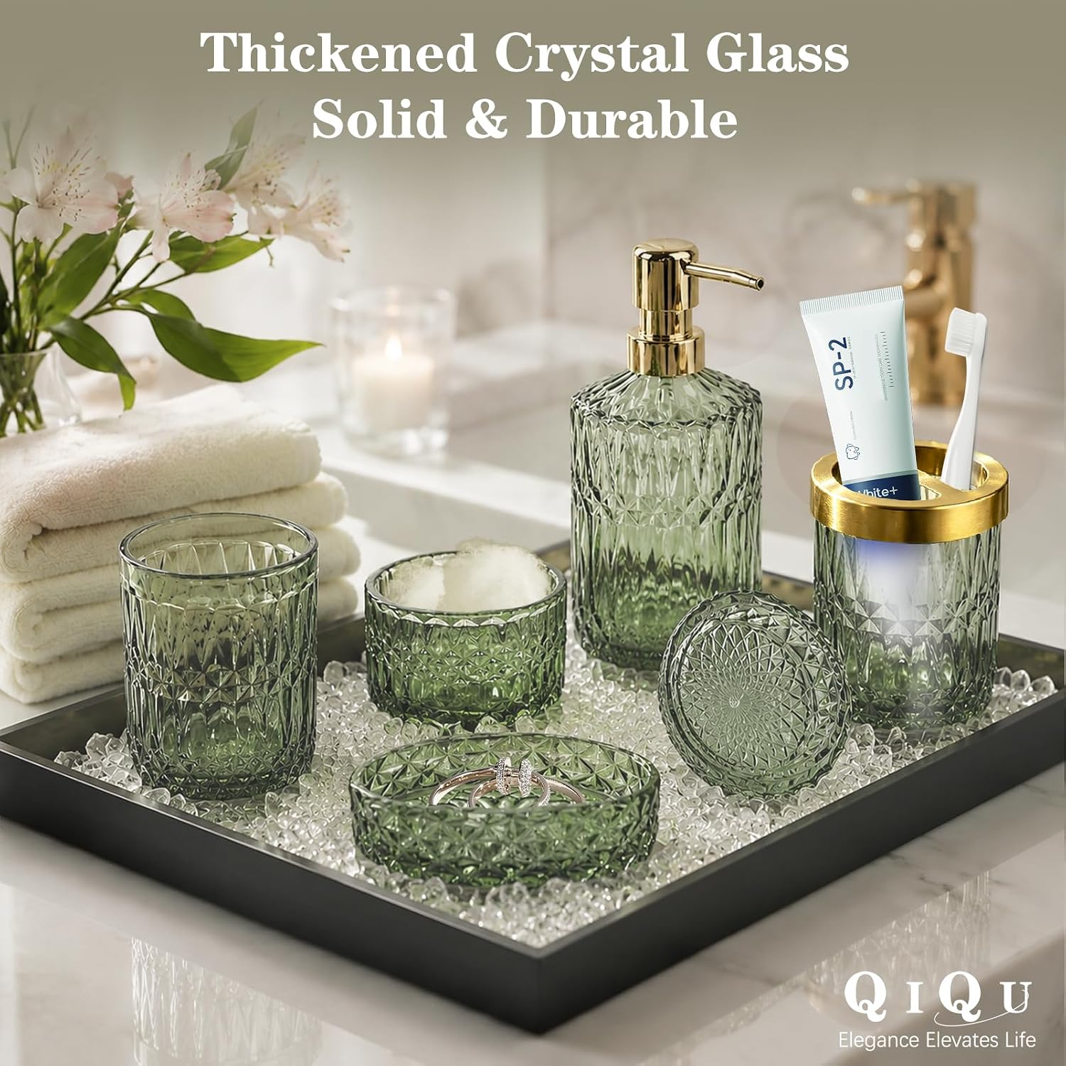 Green Bathroom Accessories Set, 5 count Clear Glass Green Accessories with Lotion Soap Dispenser, Soap Dish,  Holder, Tumbler,  Swab Jar, Modern Bathroom Decor