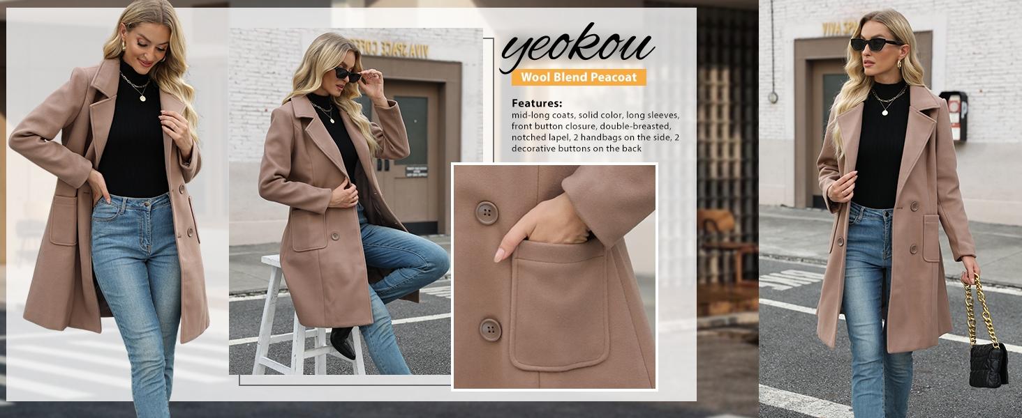 Yeokou Women's Warm Winter Wool Blend Coat Mid-Length Double-Breasted Notch Lapel Outerwear Casual Fashionable Polyester Blend