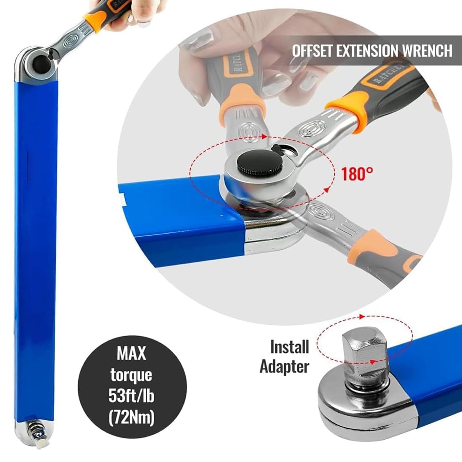3/8 Inch Offset Extension Wrench,15 Inch Impact Ready Socket Wrench Extender Tool Set with 1/2", 1/4" and 3/8" Square Drive Adapters, Zero Degree Ratchet Tool for Car Blue, Multifunctional Wrench Set