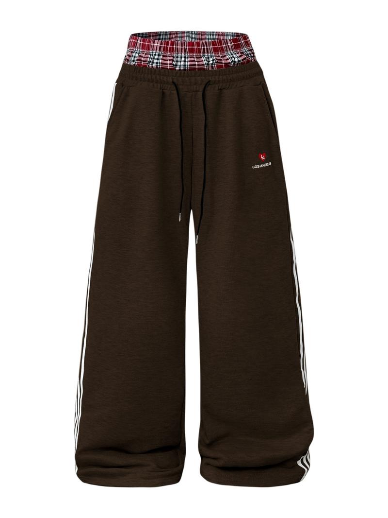 Men's Baggy Sweatpants High Waisted with Plaid Waistband, Trendy Wide Leg Lounge Pants, Casual Streetwear Joggers with Side Stripes