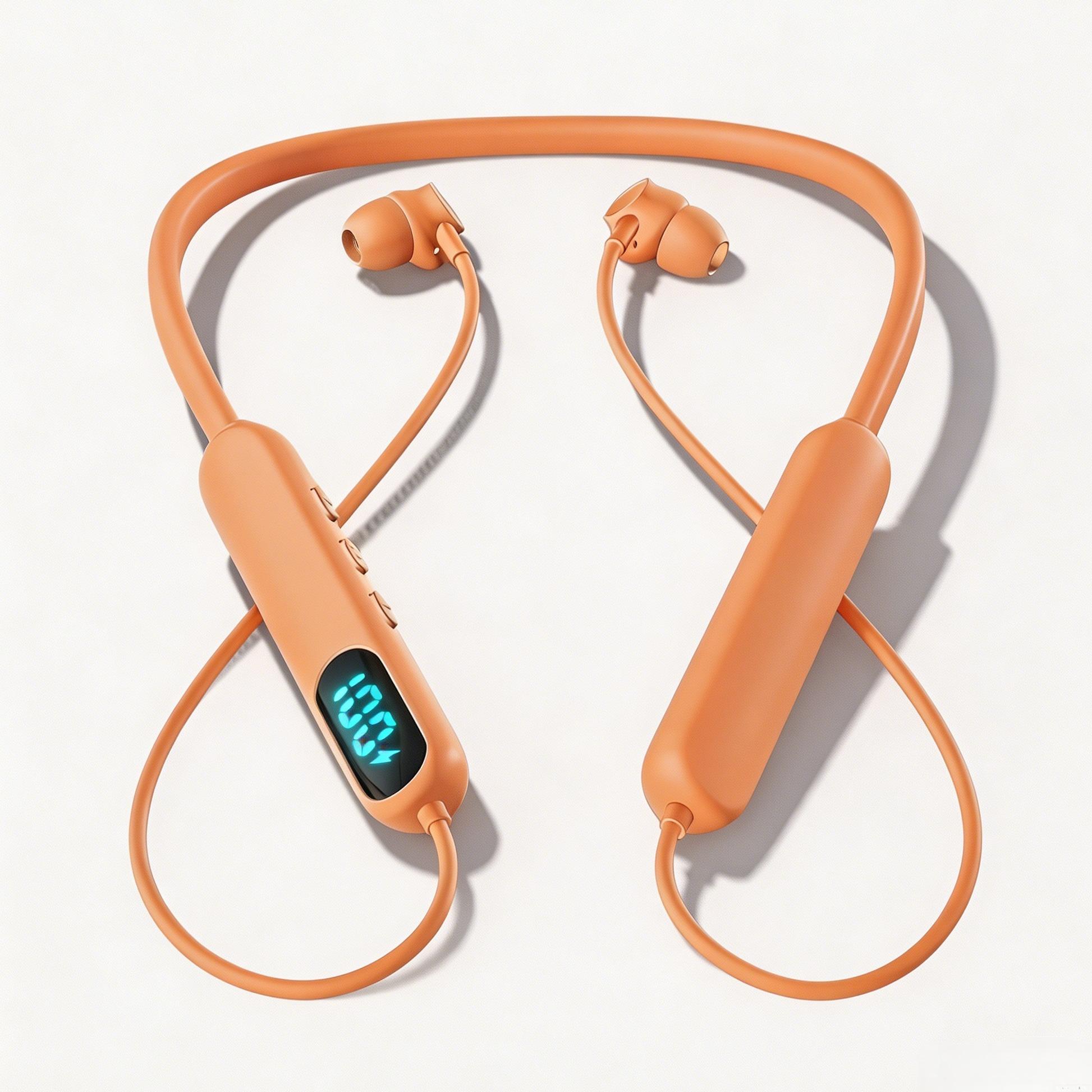 Bright Orange Hi Vis Neckband Bluetooth Earbuds, LED Digital Power Screen, IPX5 Sweat Resistant, 48H Long Playtime, Built-in Microphone for Hands-Free Calls, Dual Device Pairing, Touch Control Headphones for Warehouse Workers & Outdoor Work