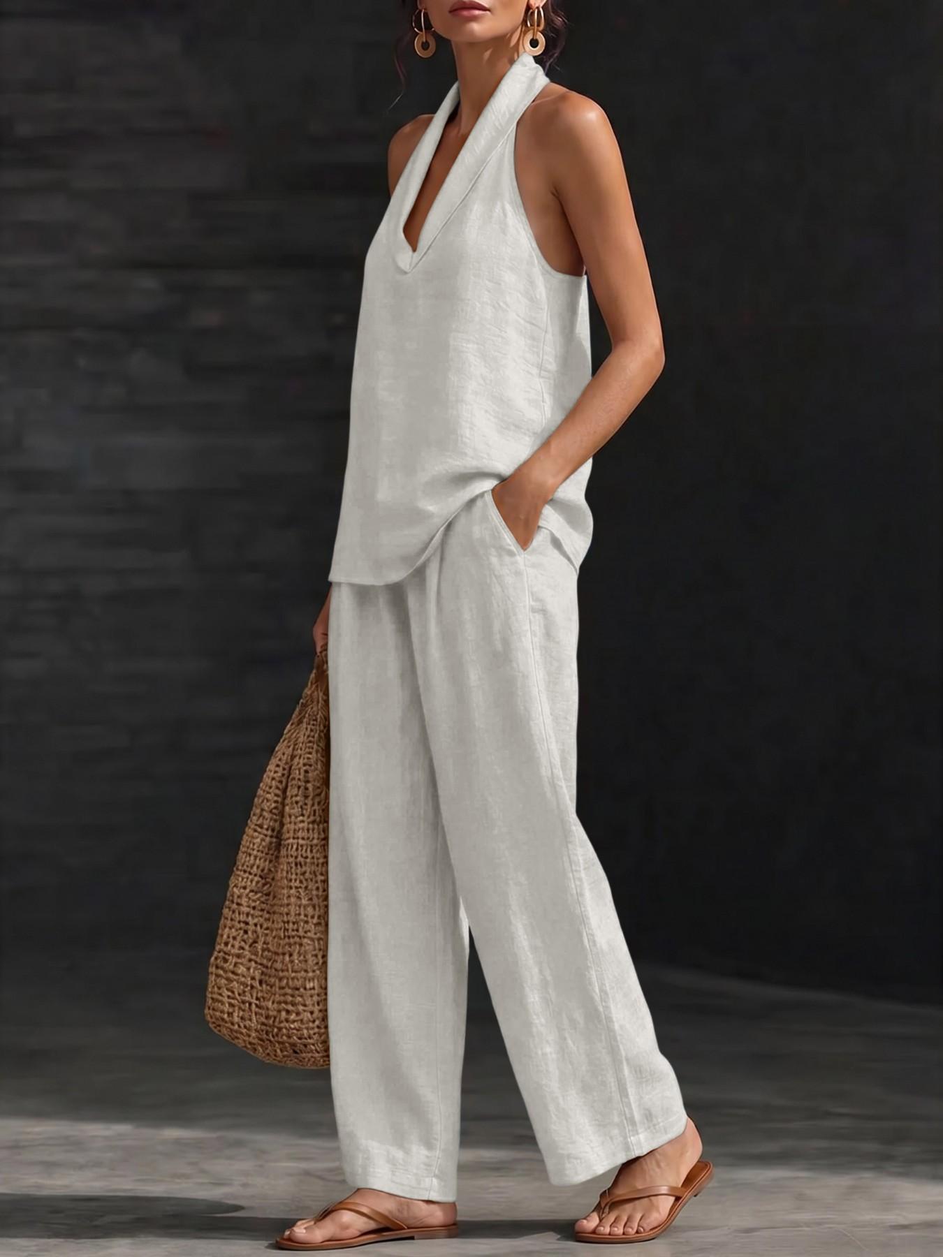 Two-Piece Women's Boho Halter Neck Sleeveless Crop Top and Wide Leg Pants Set, Casual Chic Summer Outfit for Vacation, Beach Clothes
