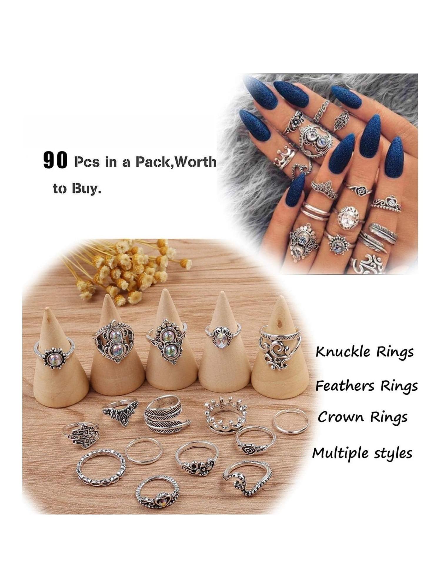 90 Pcs Vintage Silvery Stackable Ring Set for Women Men Bohemian Retro Midi Knuckle Rings Pack Hypoallergenic Alloy with Floral Geometric Snake Moon Patterns Punk Boho Style Jewelry Perfect for Daily Outfits Parties Gifting