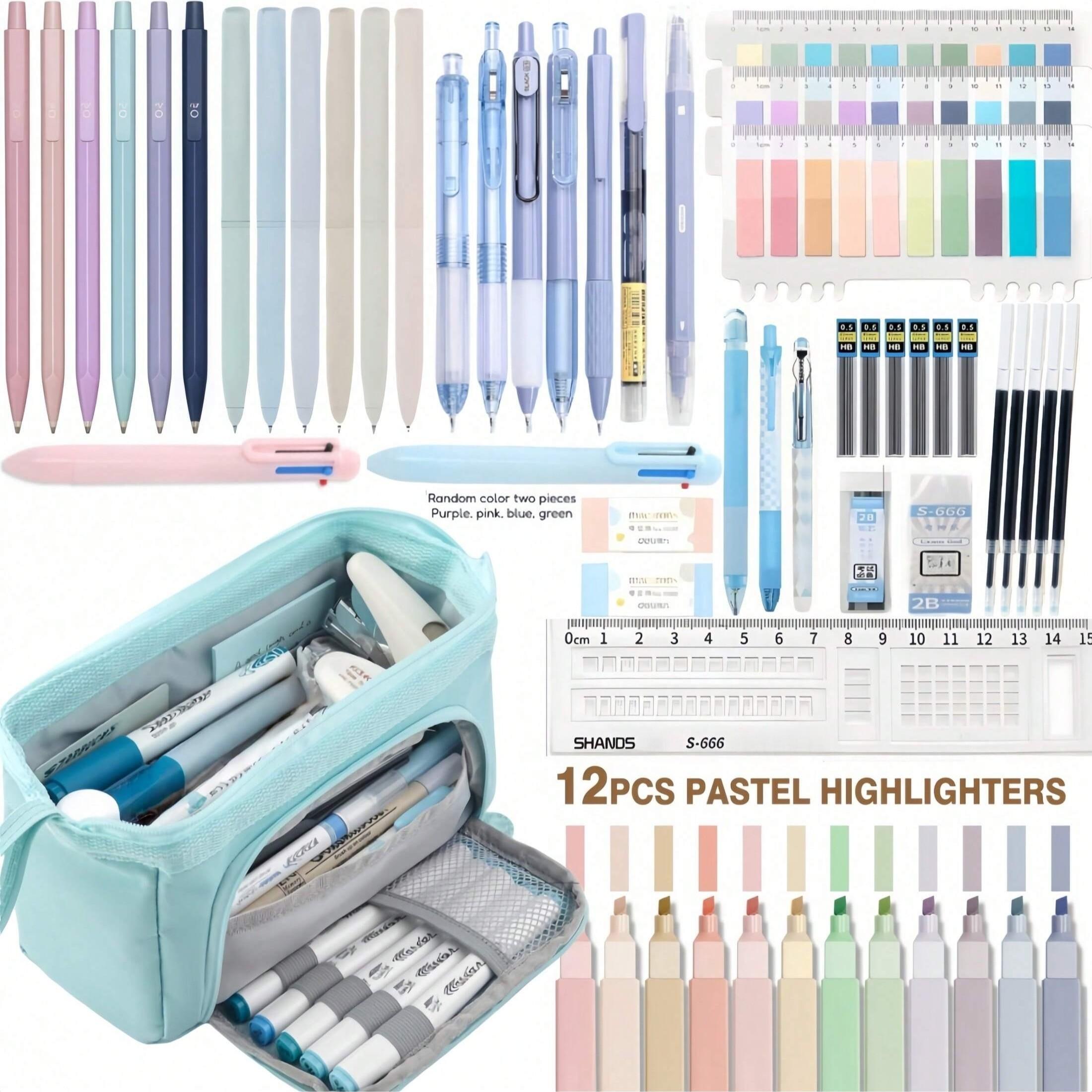 56 Pcs Aesthetic School Supplies, Cute Pencil Case, 12 Pastel Highlighters, 7 Ink Gel Pens, 6 Mechanical Pencils 0.5mm, Office & College Essentials