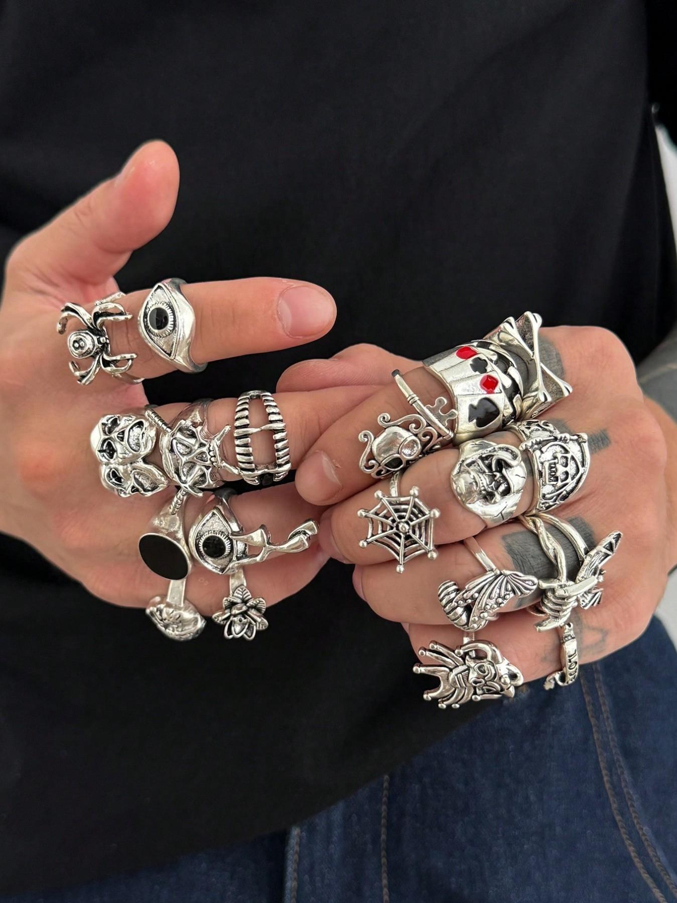 21 Piece Vintage Spider Skull Ring Set, Stacking Ring Set, Dark Punk Joint Rings, Holiday Gift, Street Style Charm Accessories, All Seasons