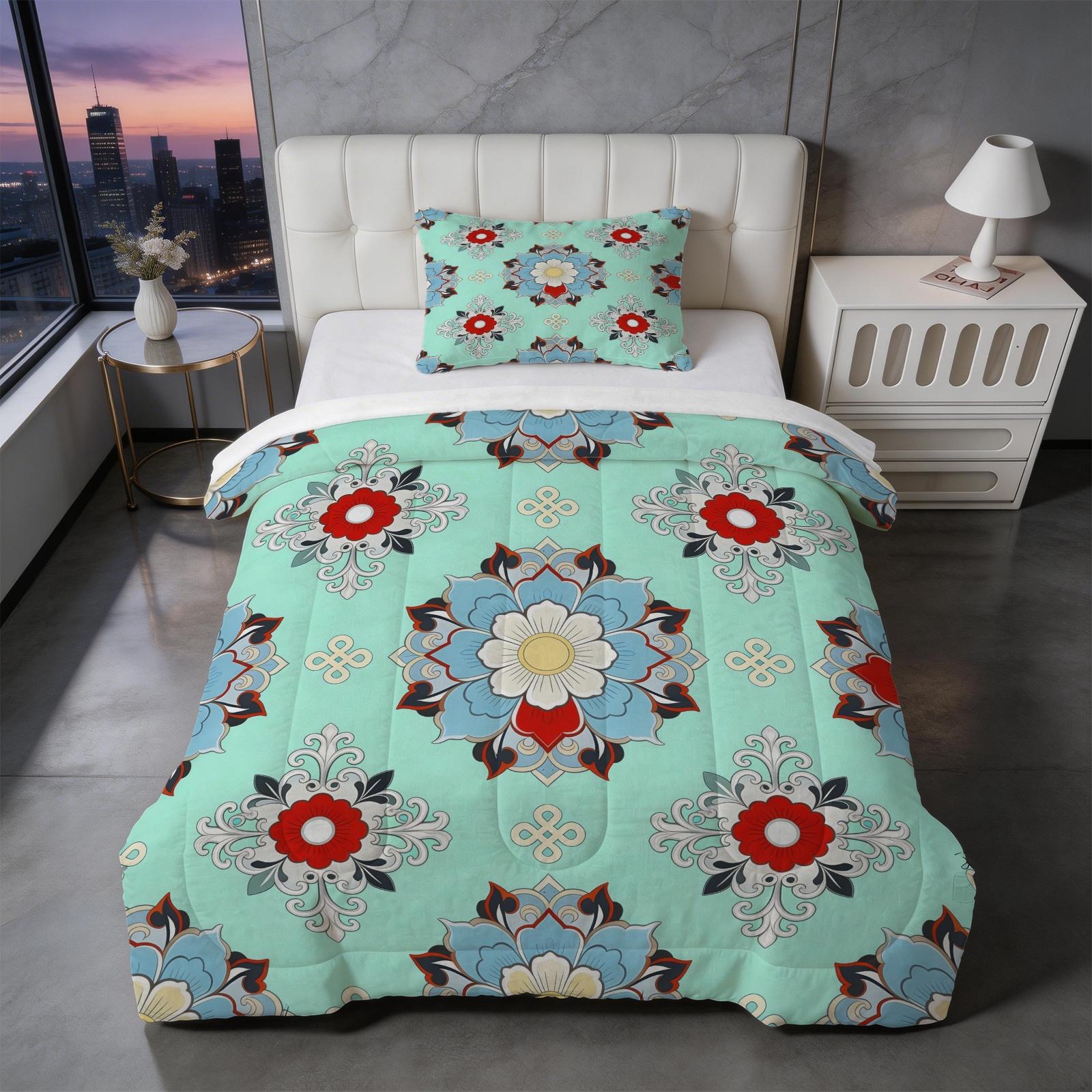 2/3 Piece Vintage Floral Mandala Comforter Set, HD Digital Printed Quilt, Soft Plush Bedding Set (Pillowcases No Inserts), U-Stitched All-Season Bed Comforter for Bedroom